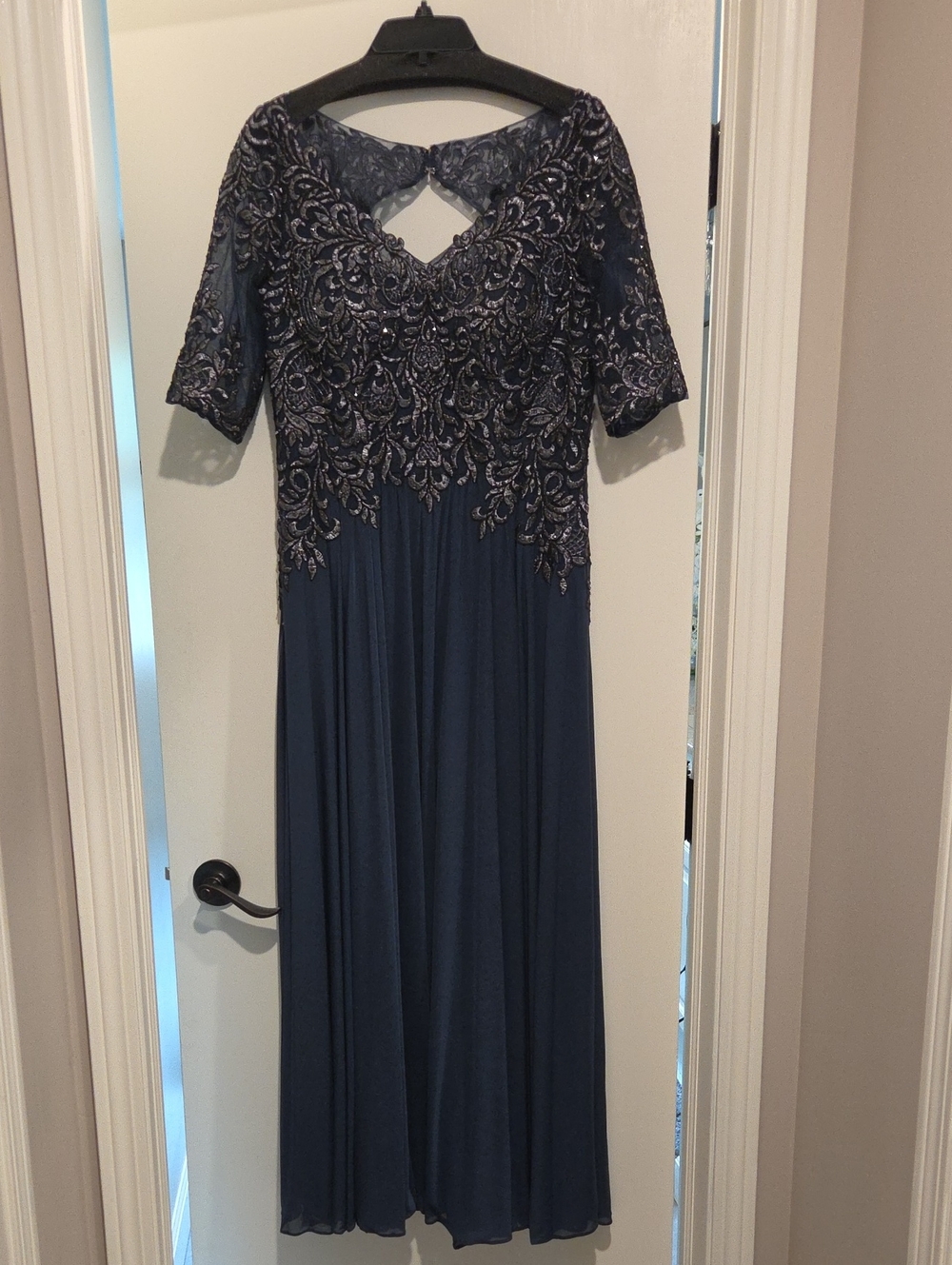 Madaline Gardner New York Embroidered Navy Evening Dress with Keyhole Back